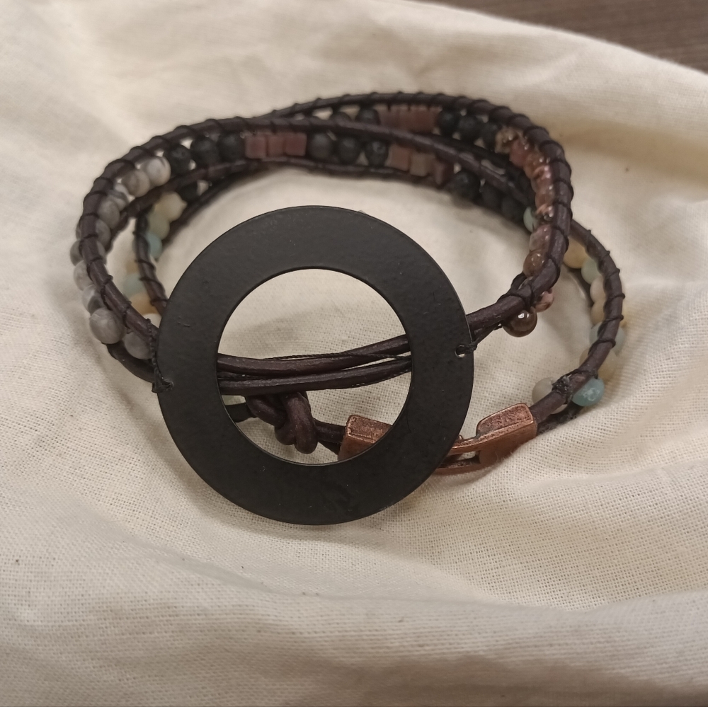 Leather wrap metal hoop bracelet